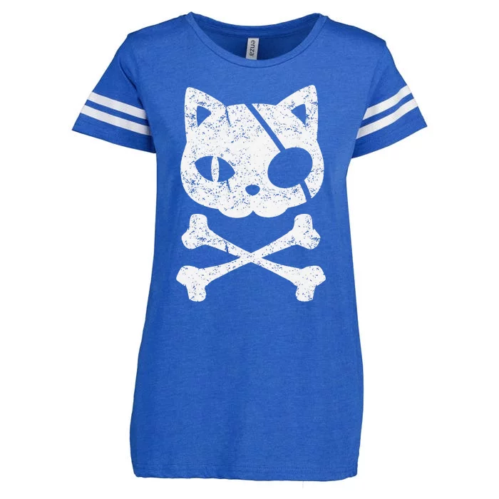 Vintage Pirate Cat Kitten Halloween Skull Cross Bones Enza Ladies Jersey Football T-Shirt