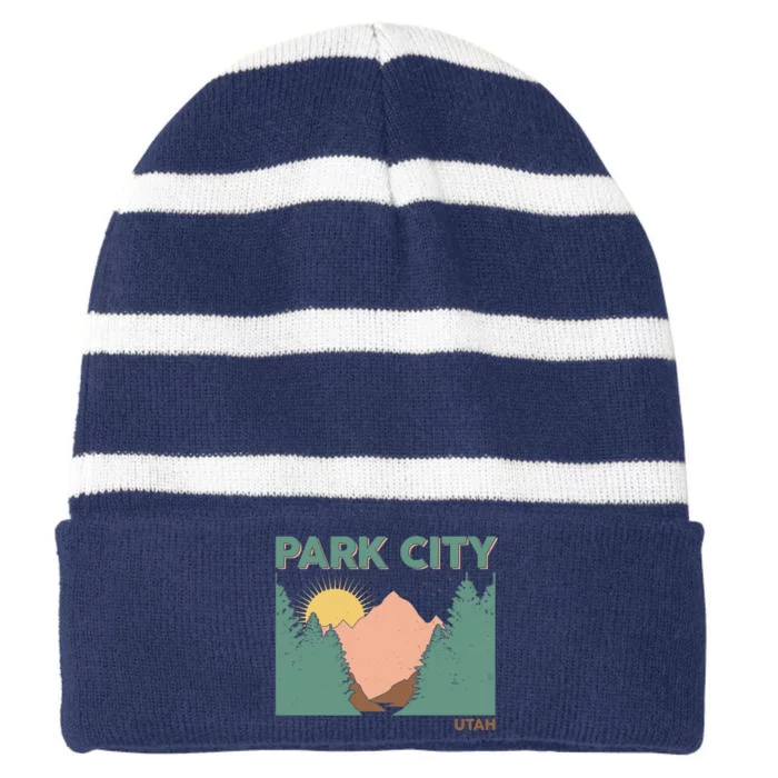 Vintage Park City Utah Mountain Forest Striped Beanie with Solid Band