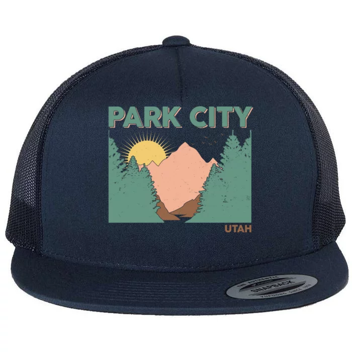 Vintage Park City Utah Mountain Forest Flat Bill Trucker Hat