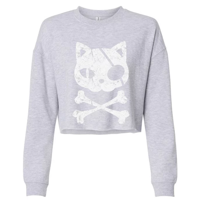 Vintage Pirate Cat Kitten Halloween Skull Cross Bones Cropped Pullover Crew