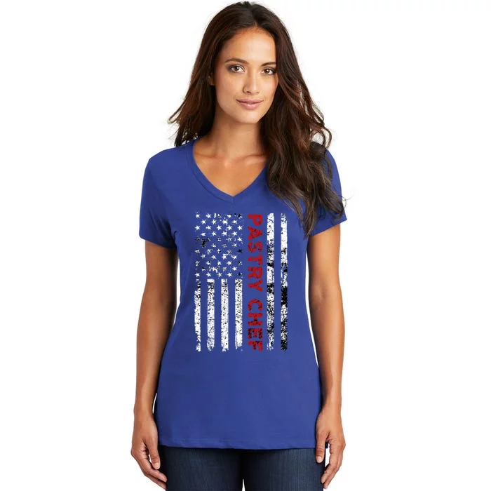 Vintage Pastry Chef Usa Flag Pastry Cock American Flag Gift Women's V-Neck T-Shirt