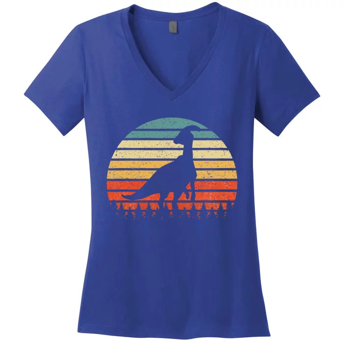 Vintage Parasaurolophus Dinosaurus Sunset Retro Women's V-Neck T-Shirt