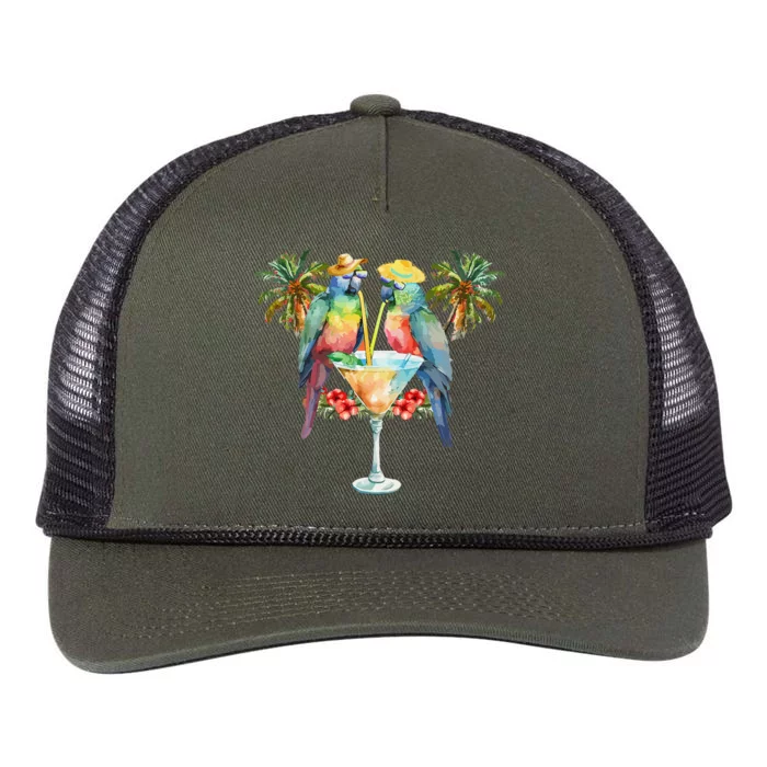 Vintage Parrots Drinking Margarita On Summer Party Bird Retro Rope Trucker Hat Cap