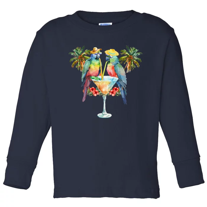 Vintage Parrots Drinking Margarita On Summer Party Bird Toddler Long Sleeve Shirt