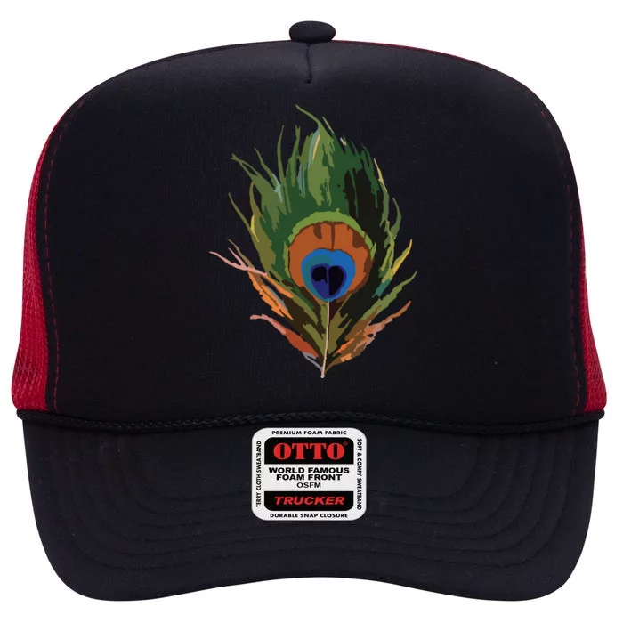 Vintage Peacock Feather Print High Crown Mesh Trucker Hat