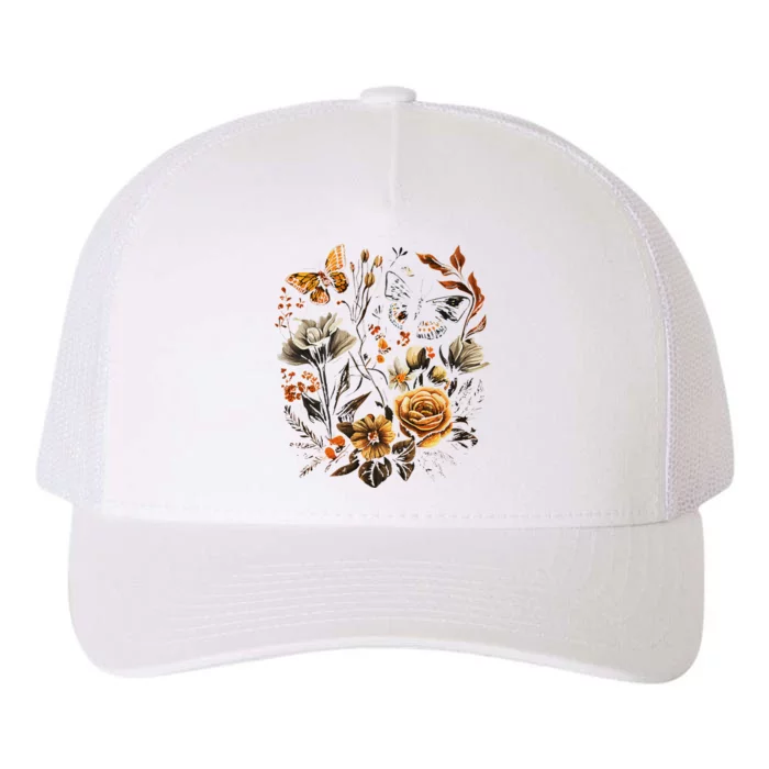 Vintage Pressed Flowers Butterflies Floral Boho Wildflowers Yupoong Adult 5-Panel Trucker Hat