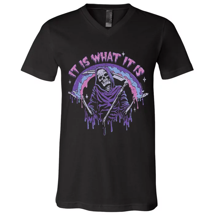 Vintage Pastel Goth Grim Reaper It Is What It Is V-Neck T-Shirt