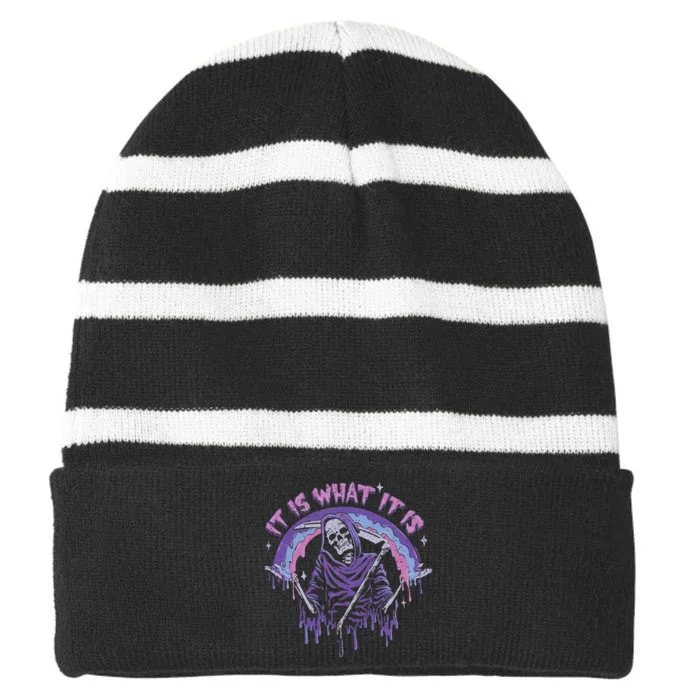 Vintage Pastel Goth Grim Reaper It Is What It Is Striped Beanie with Solid Band