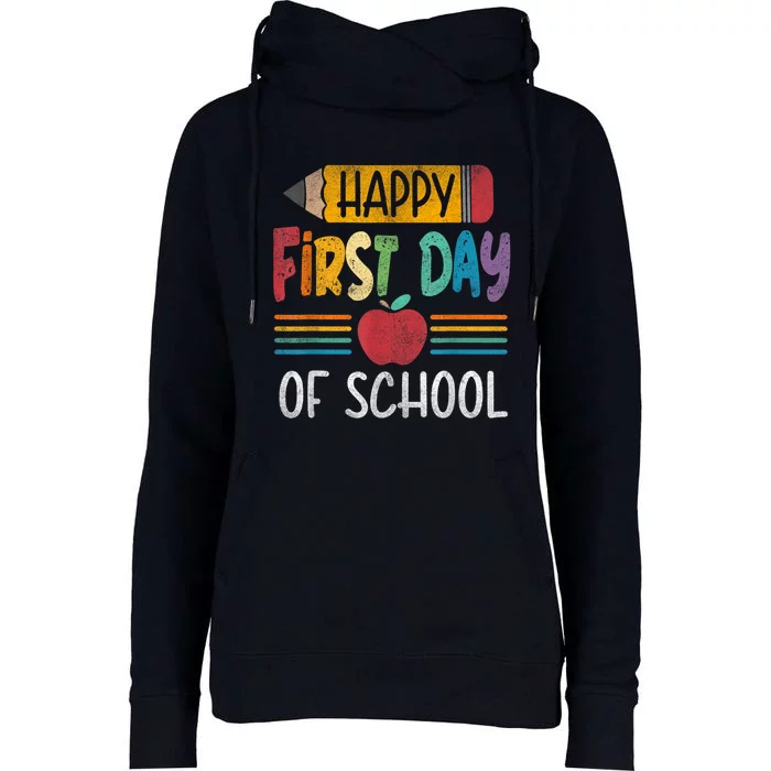 Vintage Pencil Happy First Day Of School Teacher Boy Girl Womens Funnel Neck Pullover Hood