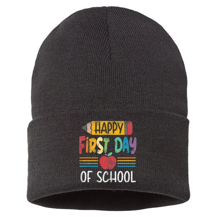 Vintage Pencil Happy First Day Of School Teacher Sustainable Knit Beanie