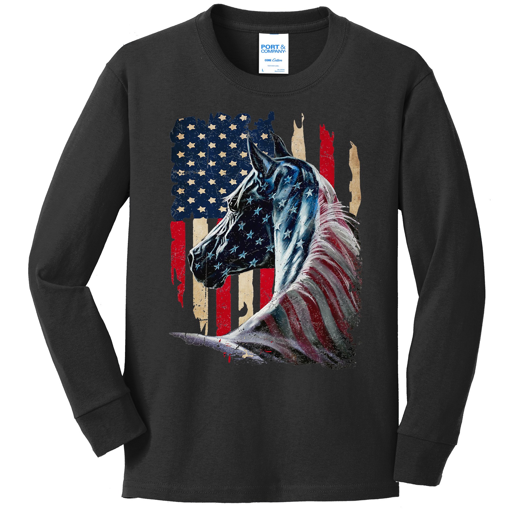 Vintage Patriotic Horse American Flag Horse Kids Long Sleeve Shirt