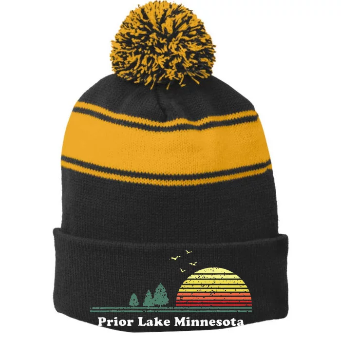 Vintage Prior Lake Minnesota Sunset Souvenir Stripe Pom Pom Beanie