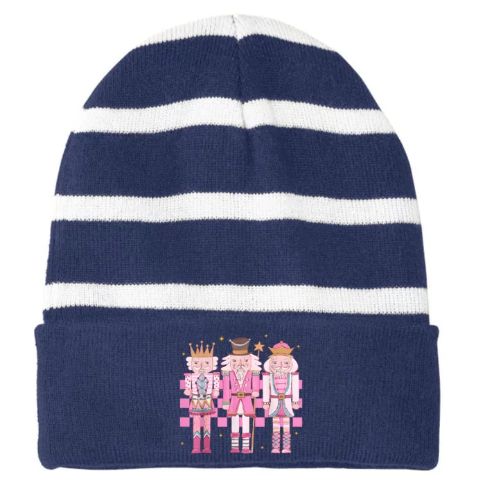 Vintage Pink Nutcracker Squad Women Girl Kids Pink Christmas Striped Beanie with Solid Band