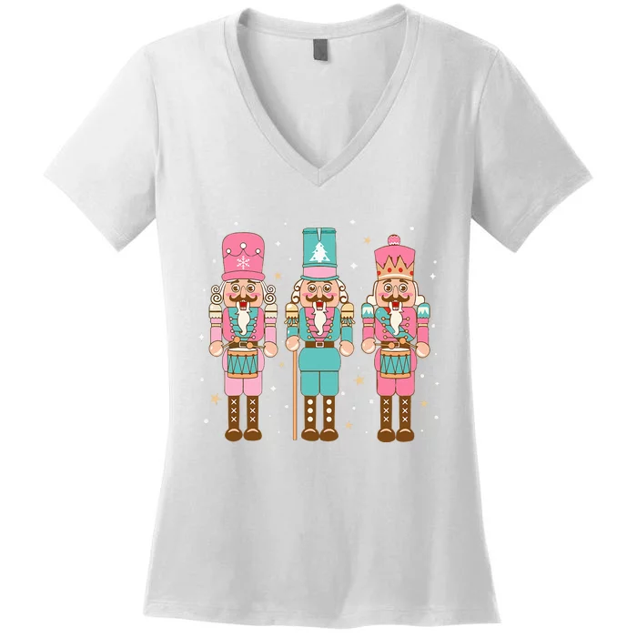 Vintage Pink Nutcracker Squad Pink Christmas Women's V-Neck T-Shirt