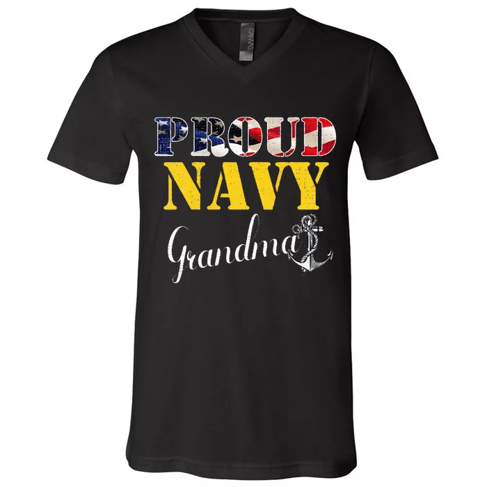 Vintage Proud Navy With American Flag For Grandma Gift V-Neck T-Shirt