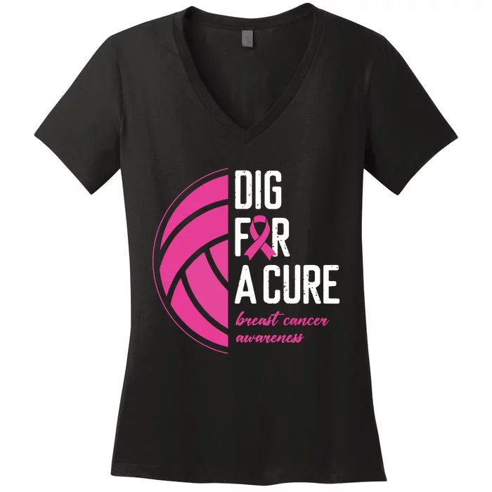 Volleyball Pink Out Dig For A Cure Breast Cancer Awareness Women's V-Neck T-Shirt