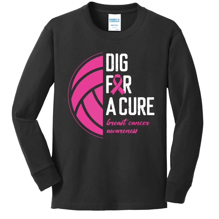 Volleyball Pink Out Dig For A Cure Breast Cancer Awareness Kids Long Sleeve Shirt