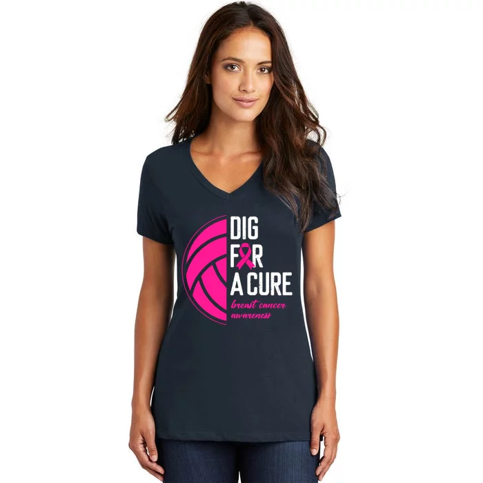 Volleyball Pink Out Dig For A Cure Breast Cancer Awareness Women's V-Neck T-Shirt