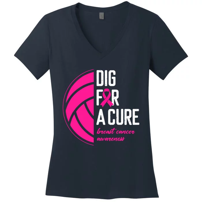 Volleyball Pink Out Dig For A Cure Breast Cancer Awareness Women's V-Neck T-Shirt