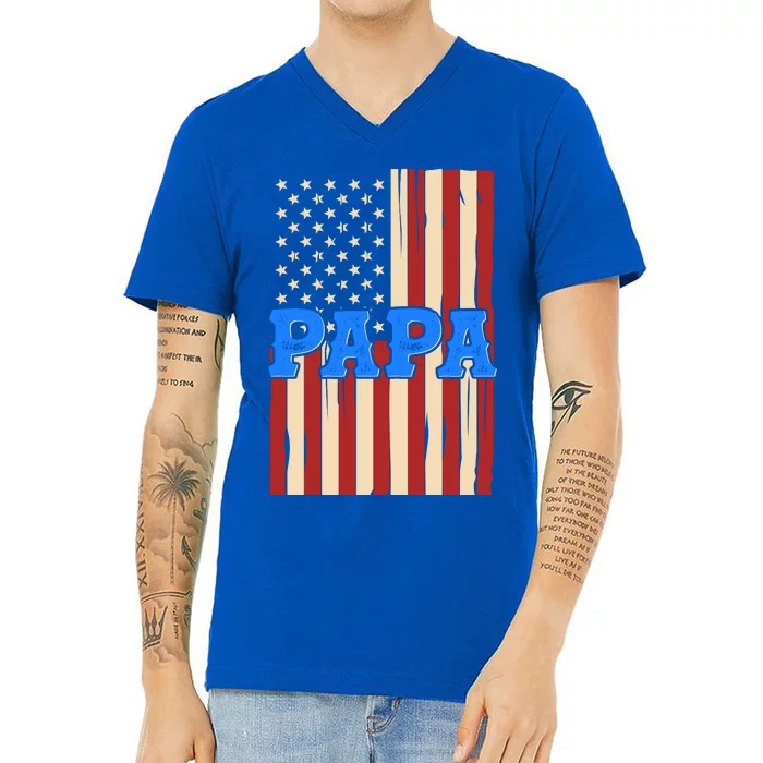 Vintage Papa Patriotic Usa Flag V-Neck T-Shirt