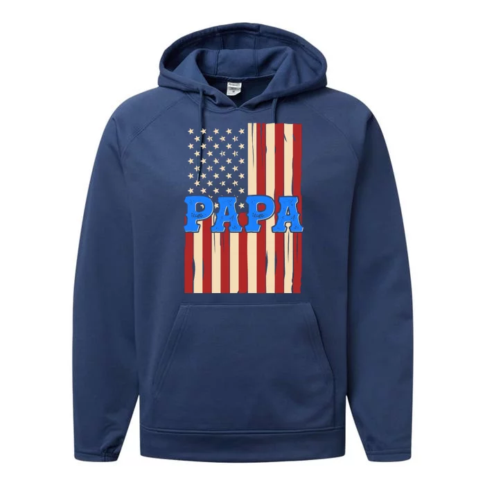 Vintage Papa Patriotic Usa Flag Performance Fleece Hoodie