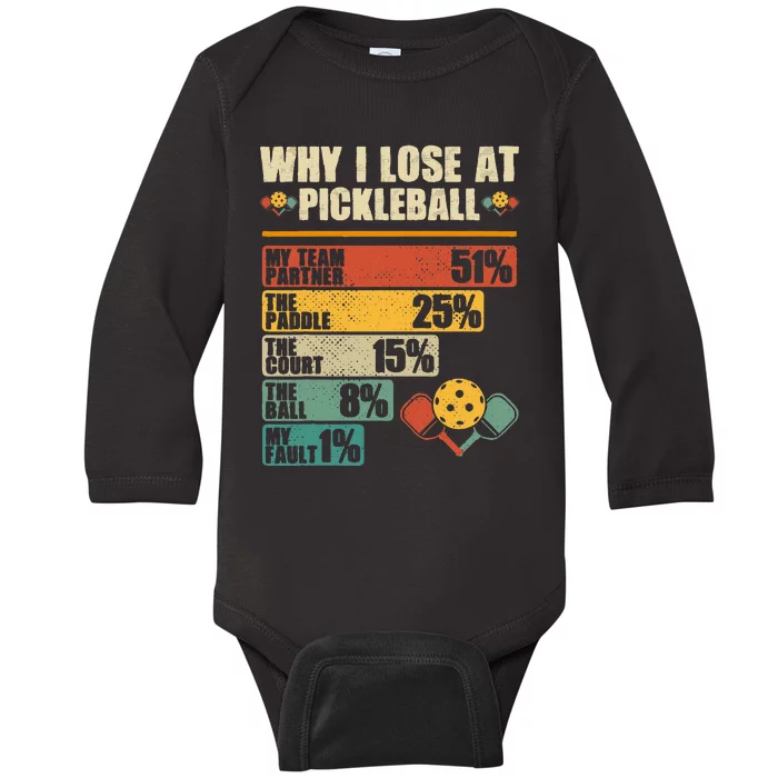 Vintage Pickleball Player Why I Lose At Pickleball Baby Long Sleeve Bodysuit