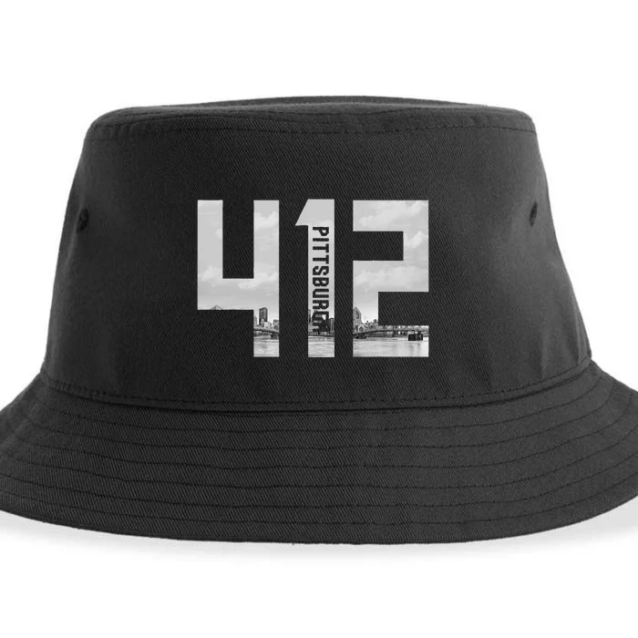 Vintage Pittsburgh Pennsylvania 412 Area Code Skyline Sustainable Bucket Hat