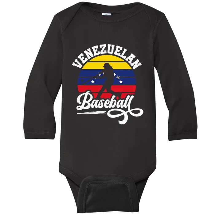 Venezuela Pride Roots Baseball Player Retro Softball Baby Long Sleeve Bodysuit