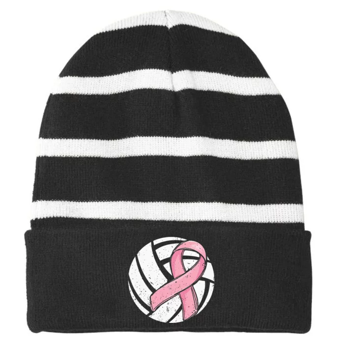 Volleyball Pink Ribbon Breast Cancer Awareness Sport Lover Striped Beanie with Solid Band