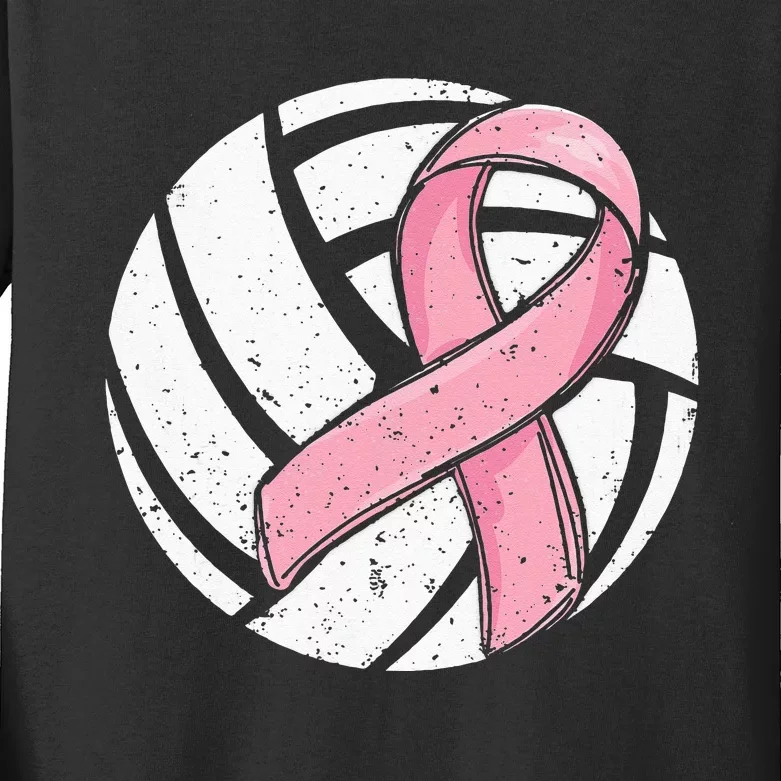 Volleyball Pink Ribbon Breast Cancer Awareness Sport Lover Kids Long Sleeve Shirt