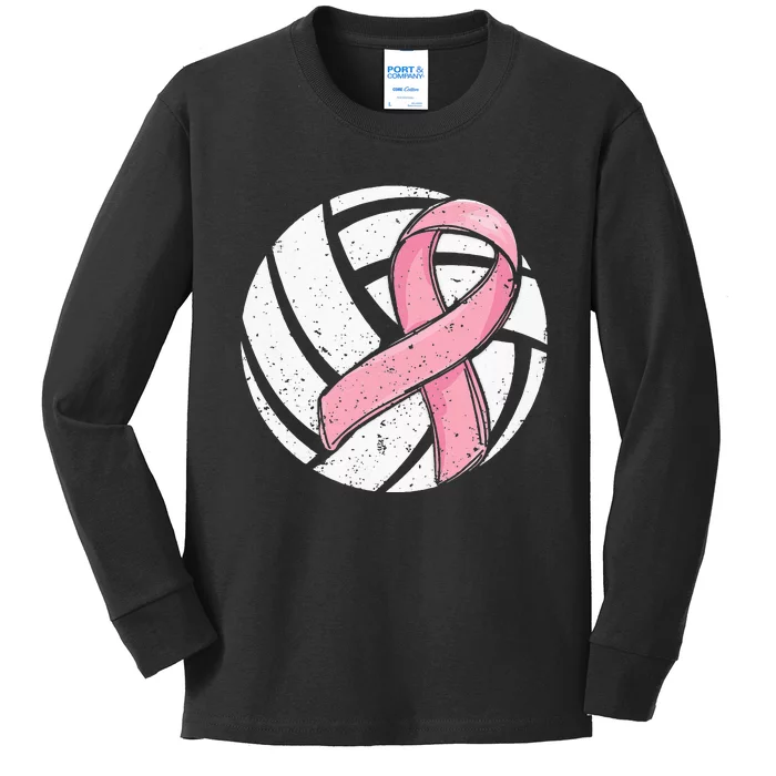 Volleyball Pink Ribbon Breast Cancer Awareness Sport Lover Kids Long Sleeve Shirt