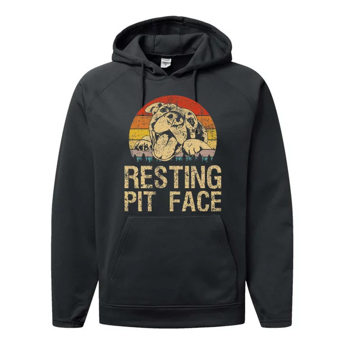 Vintage Pitbull Resting Pit Face  Funny Pitbull Lovers Performance Fleece Hoodie