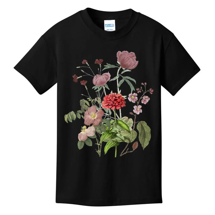 Vintage Peony Roses Garden Flowers Floral Plant Lady Mom Kids T-Shirt