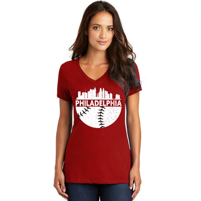 Vintage Philadelphia Skyline Baseball Retro Cityscap Women's V-Neck T-Shirt