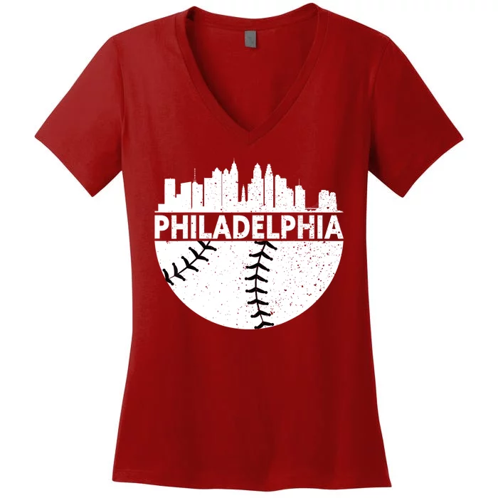 Vintage Philadelphia Skyline Baseball Retro Cityscap Women's V-Neck T-Shirt