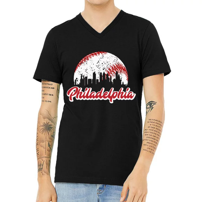 Vintage Philadelphia Skyline Retro Cityscape V-Neck T-Shirt