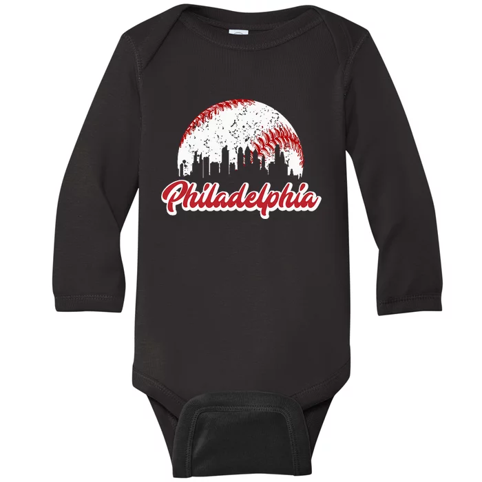 Vintage Philadelphia Skyline Retro Cityscape Baby Long Sleeve Bodysuit