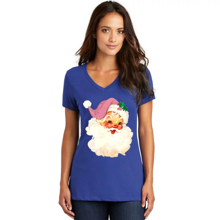 Vintage Pink Santa Claus Pink Christmas Design Xmas Gift Women's V-Neck T-Shirt