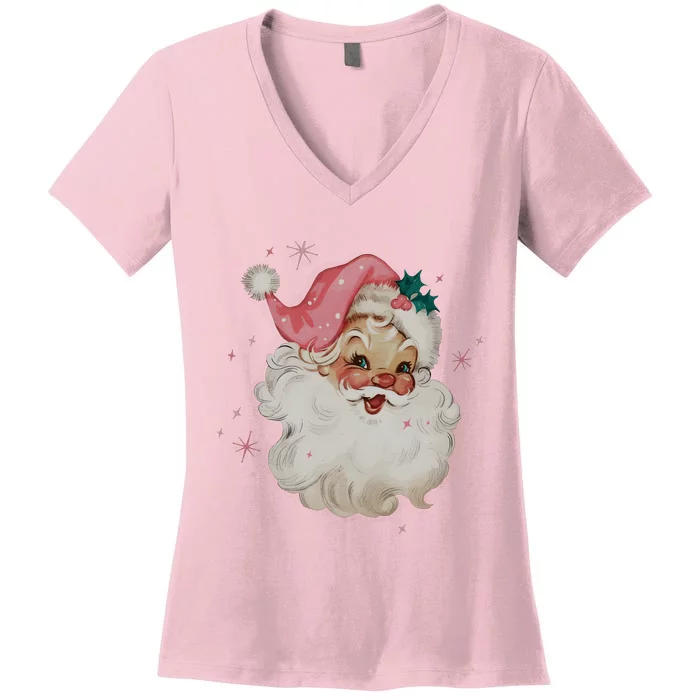 Vintage Pink Santa Claus Pink Christmas Design Women's V-Neck T-Shirt