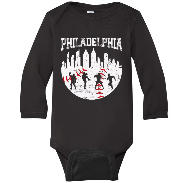 Vintage Philadelphia Skyline Cityscape Baseball Fans Baby Long Sleeve Bodysuit