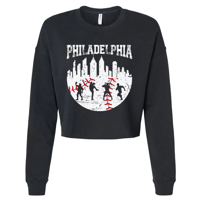 Vintage Philadelphia Skyline Cityscape Baseball Fans Cropped Pullover Crew