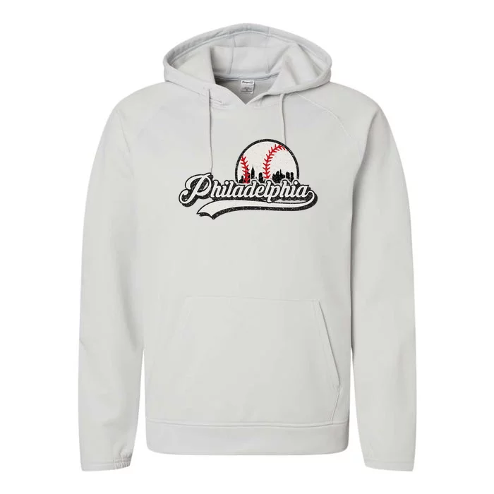 Vintage Philadelphia Skyline Performance Fleece Hoodie