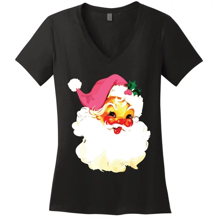 Vintage Pink Santa Claus Pink Christmas Design Women's V-Neck T-Shirt