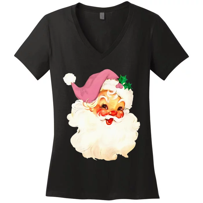 Vintage Pink Santa Claus Pink Christmas Women's V-Neck T-Shirt