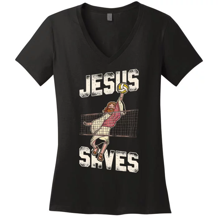 Volleyball Player Team Jesus Vintage Jesus Saves Women's V-Neck T-Shirt