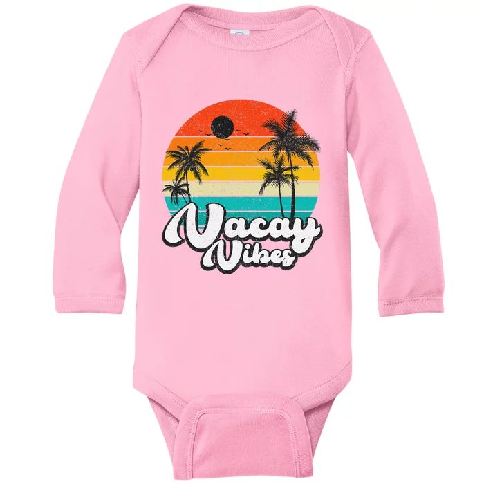 Vintage Palm Tree Sunset Beach Vacation Summer Vacay Vibes Baby Long Sleeve Bodysuit