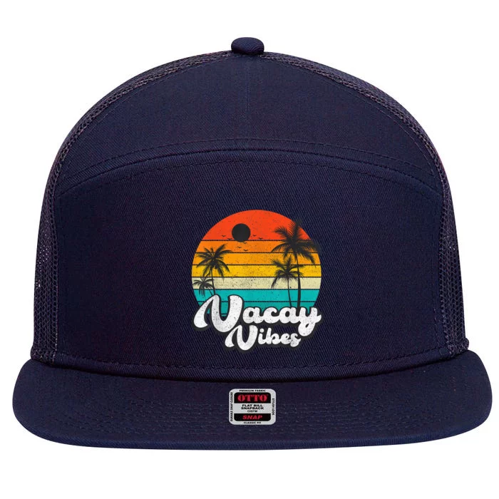 Vintage Palm Tree Sunset Beach Vacation Summer Vacay Vibes 7 Panel Mesh Trucker Snapback Hat