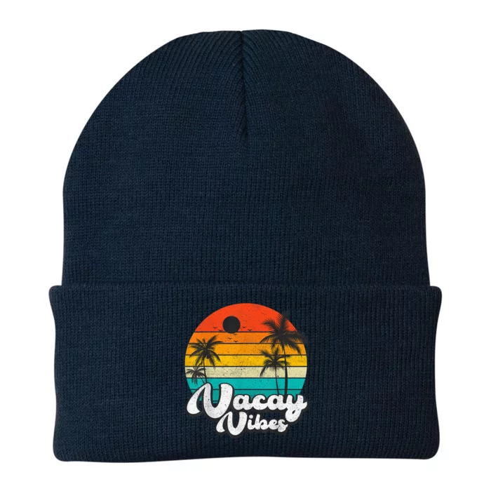 Vintage Palm Tree Sunset Beach Vacation Summer Vacay Vibes Knit Cap Winter Beanie