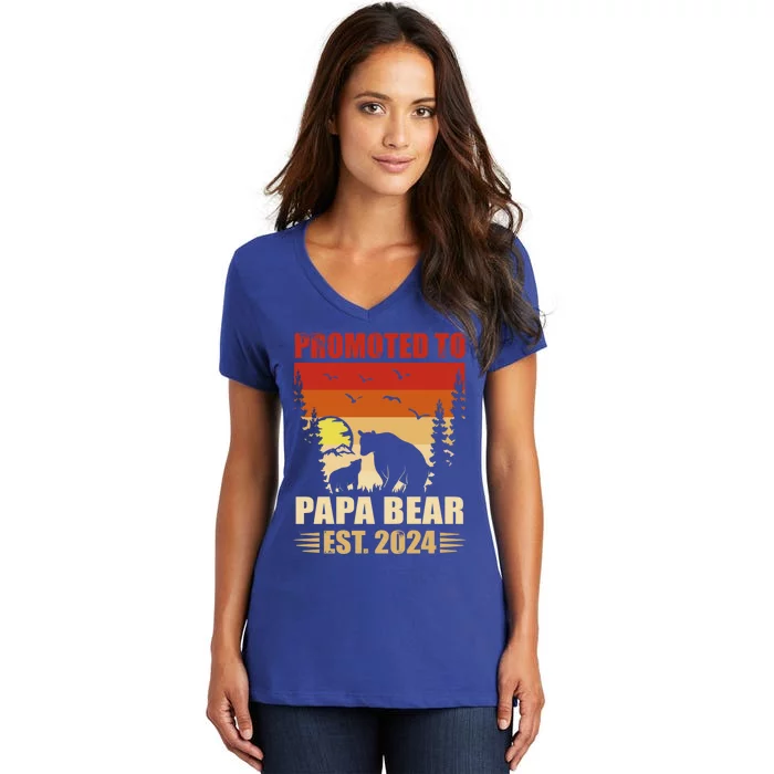 Vintage Promote To Papa Bear 2024 Family Matching Gift Women's V-Neck T-Shirt