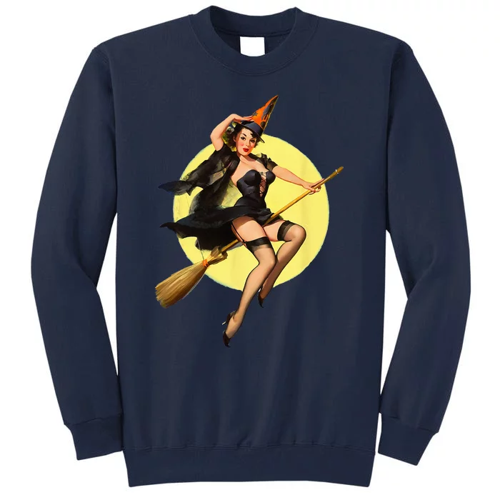 Vintage Pin Up Witch Halloween Pinup Girl Funny Ilustration Tall Sweatshirt